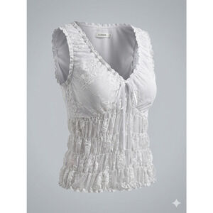 Glassons White Floral Lace Sheer Ruffle Smocked Coquette Fairycore Tank Top S
